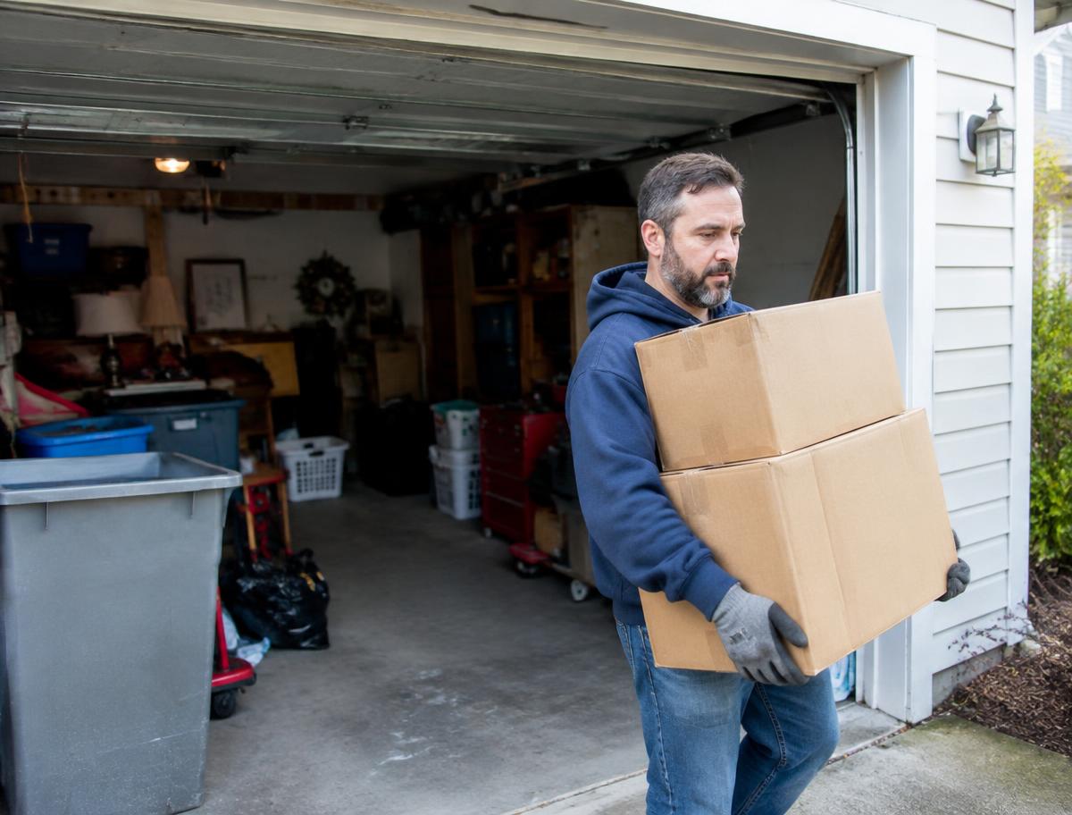 Junkhands crew carrying boxes out of a garage cleanout