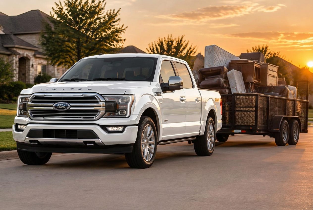 Pickup truck loaded with old furniture and a mattress